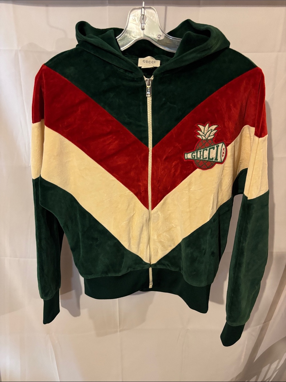 Gucci Green Red Cream Velour Hooded Zip Jacket with Pineapple Patch